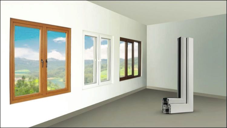 Laminated uPVC window with a cut-away of its profile